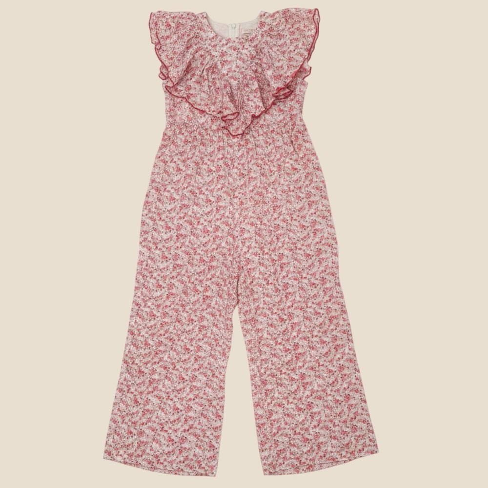 Pink Chicken Girls Floral Ruffle Jumpsuit Red Pink Metallic Lurex Size 7Y